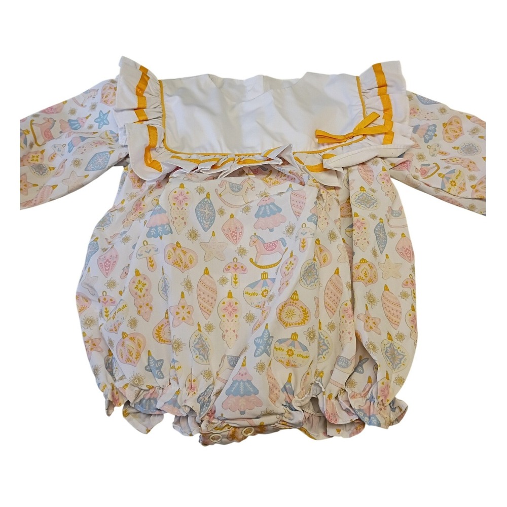 Honey Bear Boutique Pastel Christmas Ornament Rocking Horse Bubble Romper 24M - Picture 2 of 7